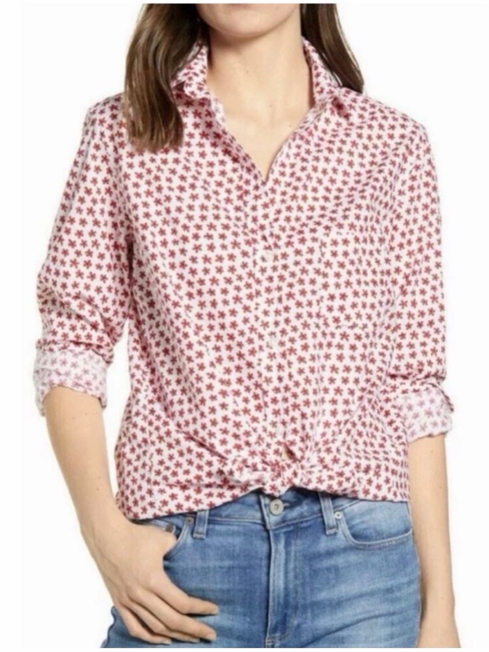 Grayson White Red Blue Flower Print Button Up Shirt XS Cotton Preppy USA Ditsy